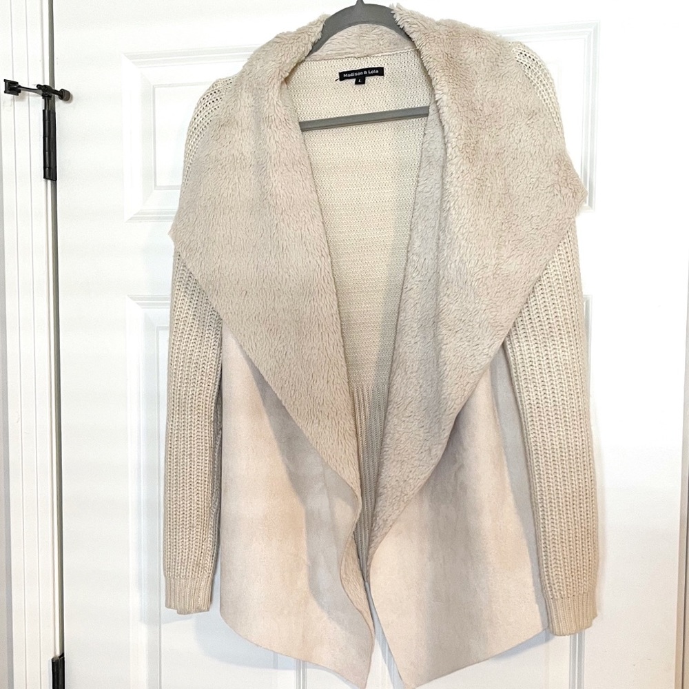 Madison & Lola sweater cardigan, faux fur, suede; Sz L